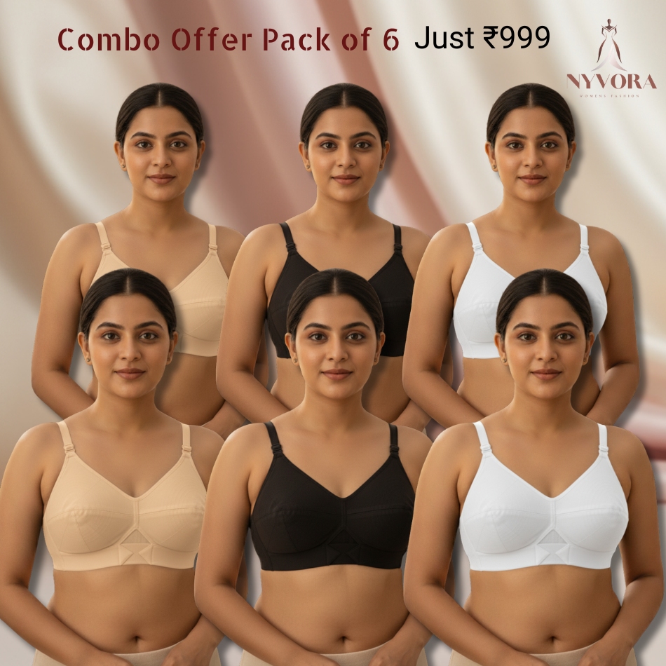 Nyvora Velura Round Stitch Bra Combo – Pack of 6 (Black, Beige & White)