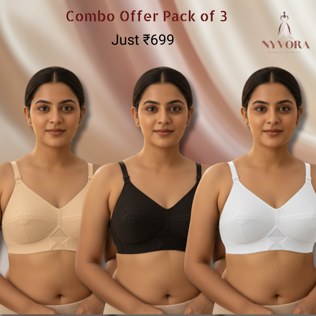 Nyvora Velura Round Stitch Bra Combo – Pack of 3 (Black, Beige & White)