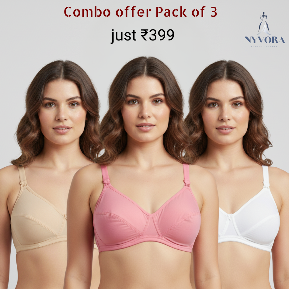 Nyvora ComfortFit Women’s Pure Cotton Everyday Bra-Combo Pack Of 3(Beige, Pink, White)