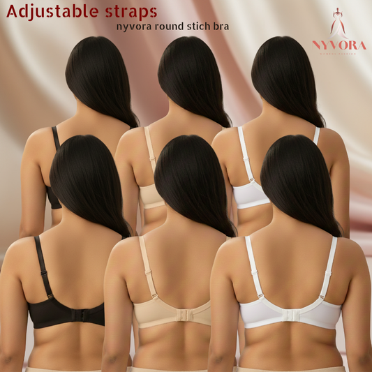 Nyvora Velura Round Stitch Bra Combo – Pack of 6 (Black, Beige & White)