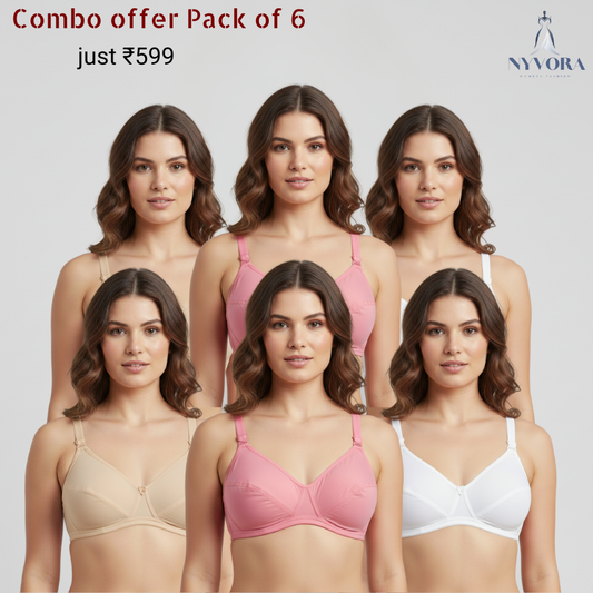 Nyvora ComfortFit Women’s Pure Cotton Everyday Bra-Combo Pack Of 6 (Beige, Pink, White)