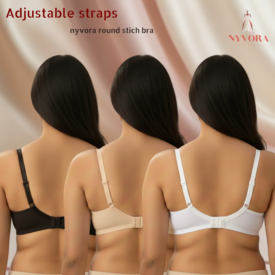 Nyvora Velura Round Stitch Bra Combo – Pack of 6 (Black, Beige & White)